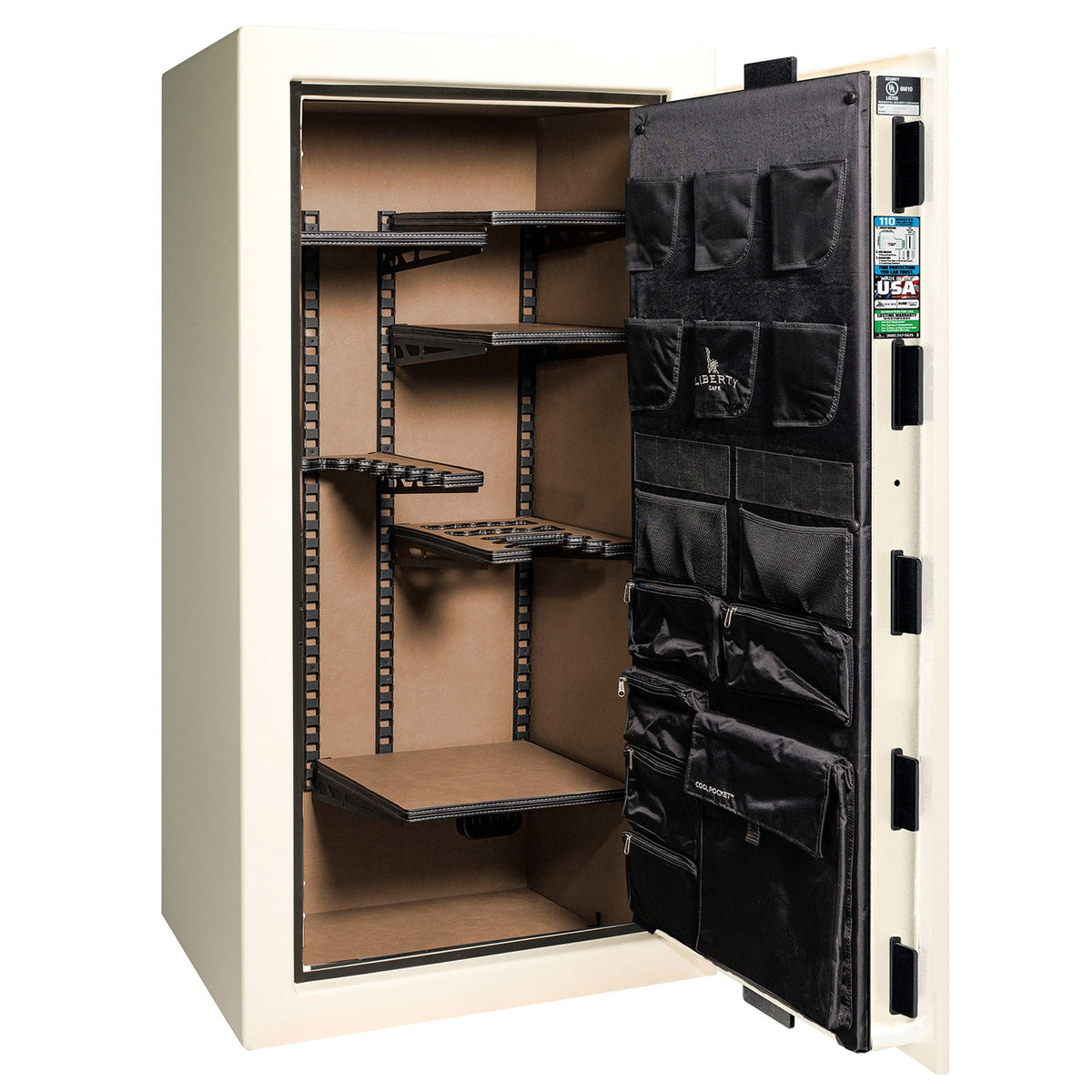 Franklin Series | Level 5 Security | 110 Minute Fire Protection | 29 | DIMENSIONS: 60.5&quot;(H) X 30&quot;(W) X 27.5&quot;(D*) | White Gloss Brass | ProFlex Modular Shelving – Open Door Empty