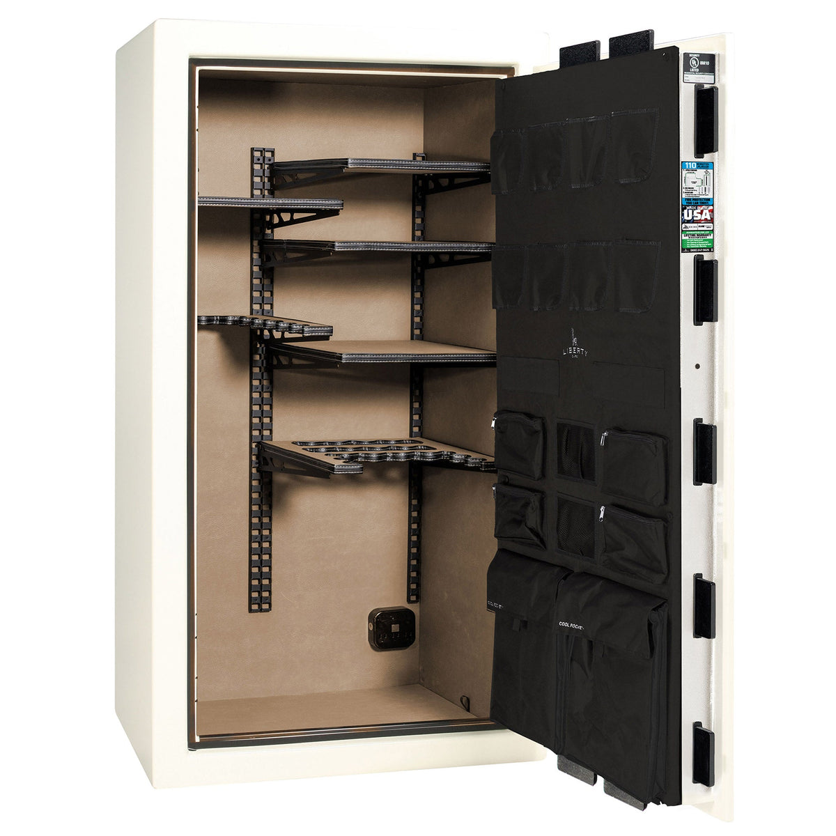 Franklin Series | Level 5 Security | 110 Minute Fire Protection | 40 | DIMENSIONS: 66.5&quot;(H) X 36&quot;(W) X 27.5&quot;(D*) | White Gloss Brass | ProFlex Modular Shelving - Open Door Empty